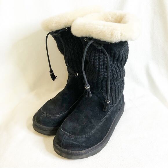 UGG black suede knitted fur lined tassel mid length boots size 8 - Picture 1 of 16